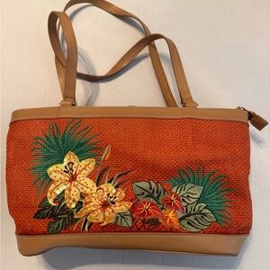 Etienne Aigner Vintage Handbag Orange Rattan Sequin Embroidered Tropical Flowers
